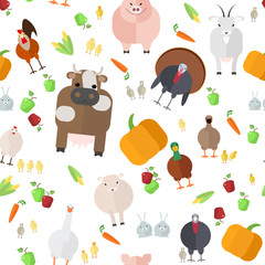 seamless texture , farm animals , vegetables , vector on a white
