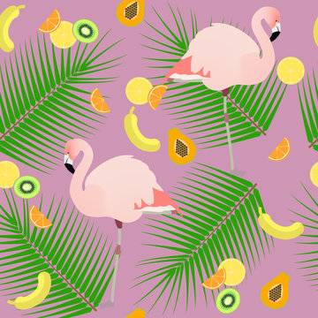 Seamless texture , flamingos ion a pink background  and fruits ,