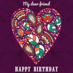 Template greeting card. happy Birthday,  Heart made of flowers ,herbs, leaves Doodle .