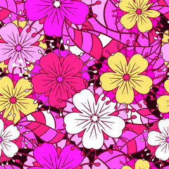 Seamless pattern with doodles elements for design. multicolored flowers, leaves and hearts.