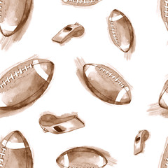 Hand-drawn watercolor seamless pattern with American football balls and whistles. Repeated background in retro style. Sport pattern