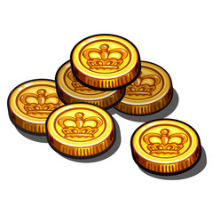 Gold coins with royal crown isolated