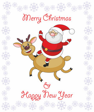 Greeting card merry Christmas and New Year with Santa Claus's image and cheerful deer.