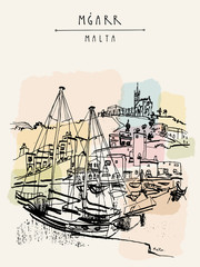 Yachts and church in port of Mgarr, Gozo island, Malta. Beautiful marina. Hand drawn vintage travel postcard, postcard template, book illustration