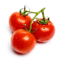 Plum tomatoes with leaves on white background