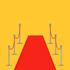 Red carpet and rope barrier golden stanchions turnstile Isolated template Yellow background. Flat design