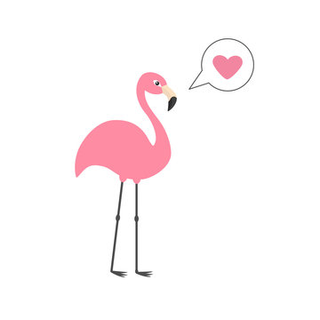 Pink flamingo on one leg. Talk think bubble with heart. Zoo animal collection. Exotic tropical bird. Cute cartoon character. Decoration element. Flat design. White background. Isolated.