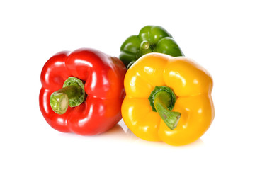 fresh green, red, yellow bell pepper with stem on white backgrou