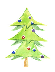 Watercolor christmas tree. National holiday tree with decoration and toys. Isolated object on white background. Minimalistic tree.