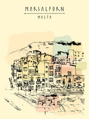 Marsalforn, Gozo island, Malta. Hand drawn touristic vintage postcard or poster template, book illustration