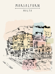 Marsalforn, Gozo island, Malta. Hand drawn touristic vintage postcard or poste, book illustration