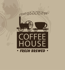 vector banner for coffee houses with a vintage steam locomotive and a cup