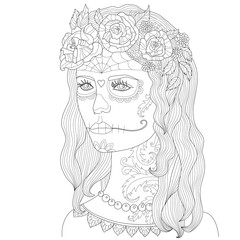 Page coloring for adults, beautiful girl with make-up, death mask, Hand drawn adult coloring page, Drawing zentangle, Outline vector illustration, girl with make-up for Halloween