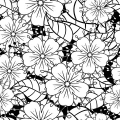 Seamless pattern with doodles elements for design. black and white flowers, leaves, heart