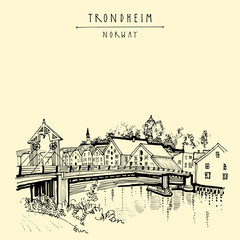 Riverside and amazing historic bridge in Trondheim, Norway, Europe. Old town, wooden houses and a church. Hand drawing in retro style. Vintage touristic postcard, poster or book illustration
