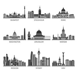 Naklejka premium World Famous Cityscapes Black Icons Set