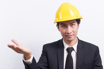 Engineer in black suit on isolated white background