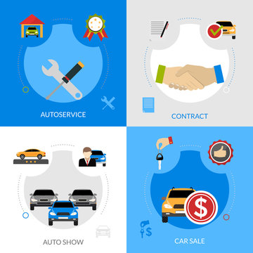 Car Dealership Flat Icons Square Concept