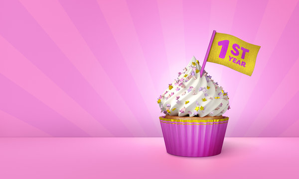3D Rendering of Cupcake, 1st Year Text on the Flag, Pink Paper Cupcake