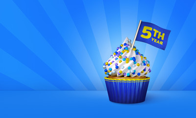 3D Rendering of Cupcake, 5th Year Text on the Flag, Blue Paper Cupcake