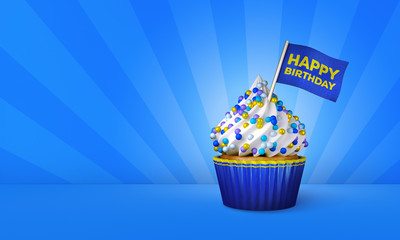 3D Rendering of Cupcake, Happy Birthday Text on the Flag, Blue Paper Cupcake