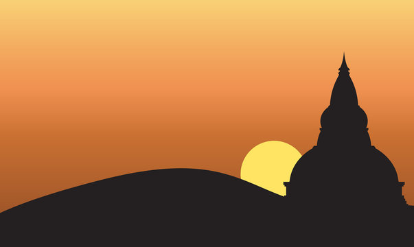 Sunset and Big Pagoda on Mountain