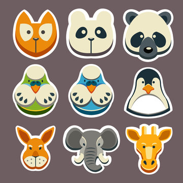 Nine cute cartoon animal stickers. Animal icons