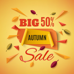 Big autumn sale banner with abstract leafs.