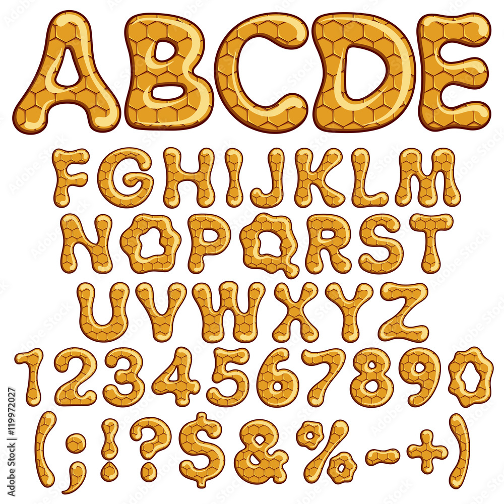 Aufkleber latin alphabet and numbers made of honey. isolated vector objects on white