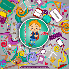 Corporate design. Sale background with school stationery icons. Vector advertising banner template. Shop now. for design