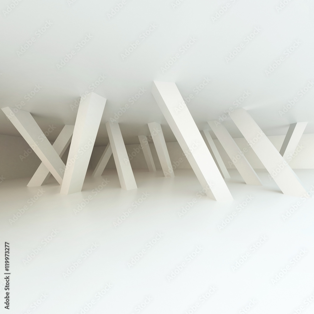 Poster 3d illustration. white modern interior of a non-existent room with inclined in different directions 