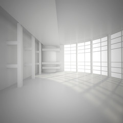 3d illustration. White interior of nonexistent building. Circular hall with transparent wall, multilevel ceiling and and external light. Render.