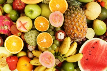 Fotobehang Veel vers fruit gemengd, fruit achtergrond © Valerii Evlakhov