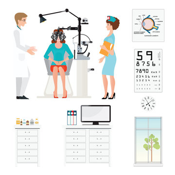 Doctor and patient at Ophthalmologist with Phoropter isolated on