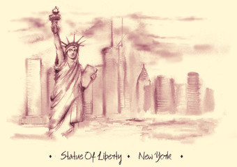 Hand-drawn watercolor drawing of the American landscape. Illustration of the Statue of Liberty in retro style. New York city