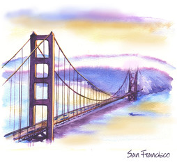 Hand-drawn watercolor drawing of the American landscape and famous building. Illustration of the Golden Gates Bridge
