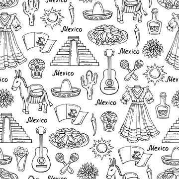 Pattern with isolated symbols of Mexico on white color