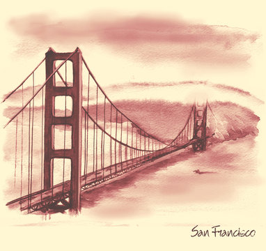 Hand-drawn watercolor drawing of the American landscape and famous building. Illustration of the Golden Gates Bridge in the retro style