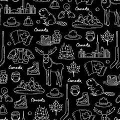 Vector seamless pattern on the theme of Canada. Pattern with symbols of Canada on black color
