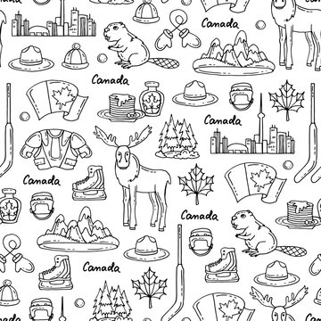 Vector seamless pattern on the theme of Canada. Pattern with symbols of Canada on white color