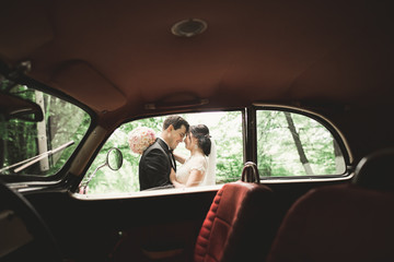 Stylish wedding couple, bride, groom kissing and hugging near retro car in autumn