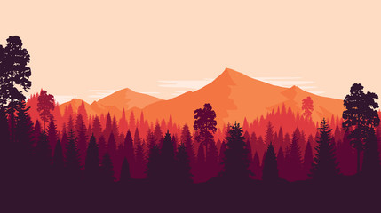 Mountain and forest landscape in evening, in warm colors, in orange tone, Flat landscape. Vector illustration.
