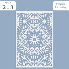 Paper openwork greeting card, template for cutting, lace invitation, lasercut metal panel, wood carving, symmetrical ornament, vector illustration