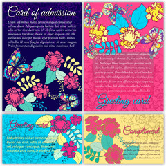 Fototapeta na wymiar Set congratulations vector cards. on decorated background. butterflies and flowers pattern, brochure, gift certificate, party invitation