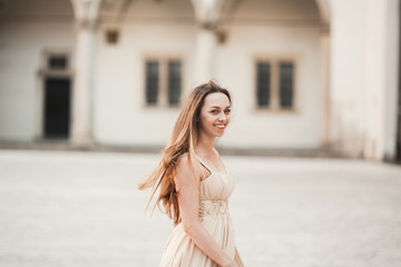 Fototapeta premium Beautiful girl, model with long hair posing in old castle near columns. Krakow Vavel