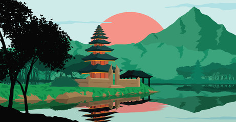Flat landscape of mountain, lake and forest in green tone. Vector illustration. Chinese build. Chinese temple. Chinese landscape. Chinese pavilion.