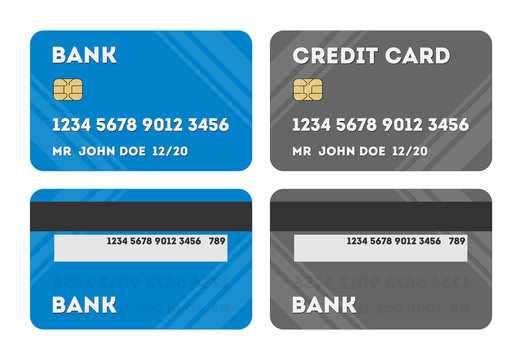 Two isolated credit cards. Silver and blue credit or debit plastic cards on white background. Two sides of card. Shopping with credit card.