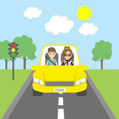 Happy driving test. Smiling male teacher and female student driving in yellow car. Funny driving education.