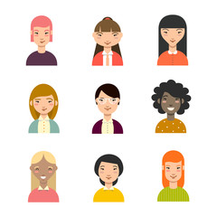 Set of diverse women avatars. Business avatars set. Different nationalities, clothes, hair styles. Vector. 
