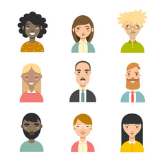 Set of diverse avatars. Business avatars set. Different nationalities, clothes, hair styles. 